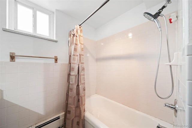 bathroom featuring shower / bath combination with curtain, tile walls, and a baseboard heating unit