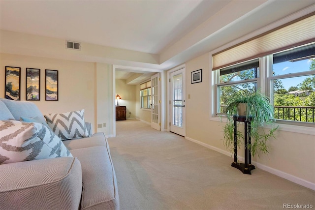 2854 Tenderfoot Hill St, Colorado Springs, CO 80906 - living room with light colored carpet, baseboards, and visible vents