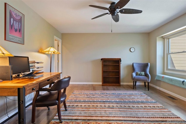 2854 Tenderfoot Hill St, Colorado Springs, CO 80906 - home office featuring visible vents, ceiling fan, wood finished floors, and baseboards