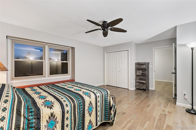 2854 Tenderfoot Hill St, Colorado Springs, CO 80906 - bedroom featuring wood finished floors, a closet, and ceiling fan