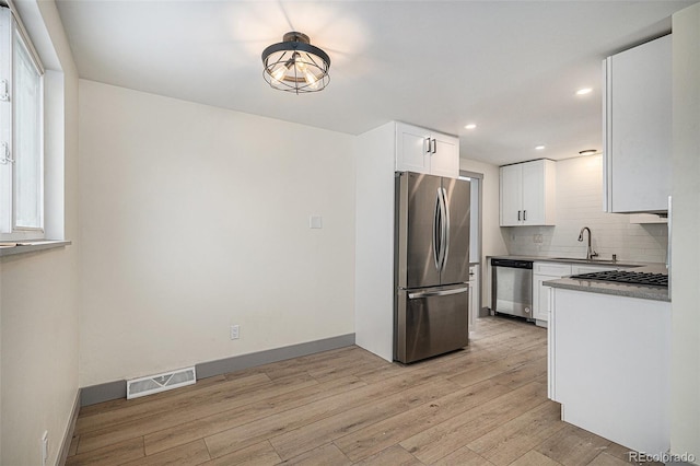 kitchen featuring sink, appliances with stainless steel finishes, white cabinets, decorative backsplash, and light wood-type flooring