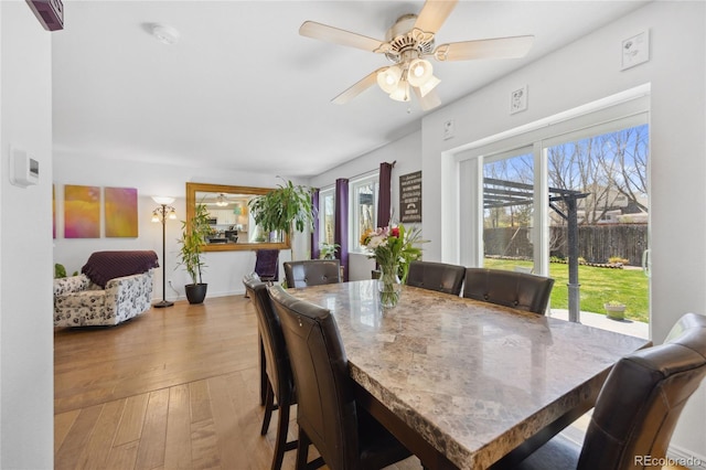 dining space with wood-type flooring and ceiling fan