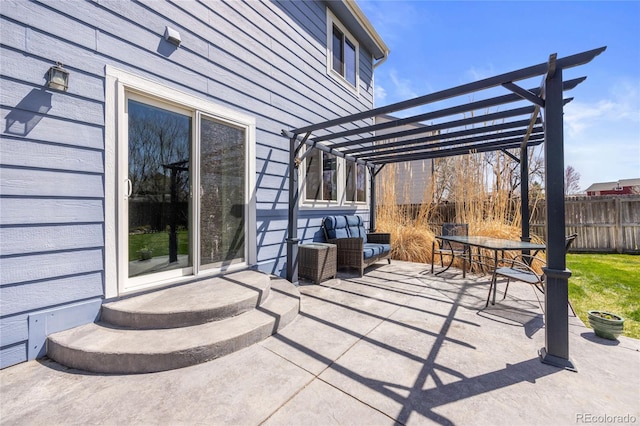 view of patio / terrace with fence, a pergola, and outdoor dining area