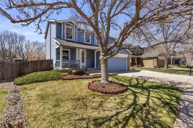 view of front facade featuring a porch, concrete driveway, and an attached garage