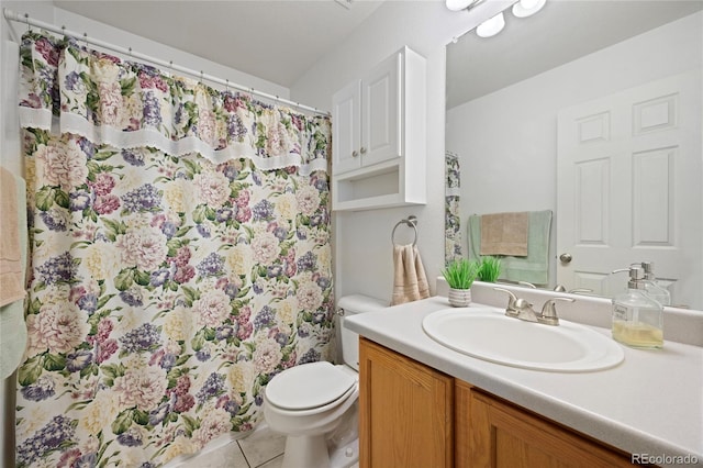full bathroom with toilet, vanity, tile patterned floors, and a shower with shower curtain