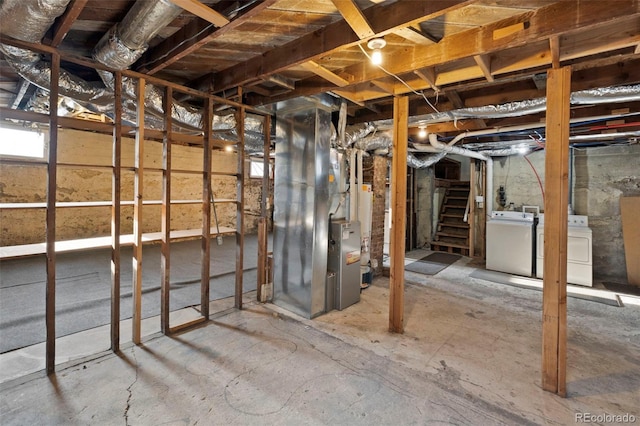 702 E Platte Ave, Colorado Springs, CO 80903 - unfinished below grade area featuring separate washer and dryer, stairs, and heating unit