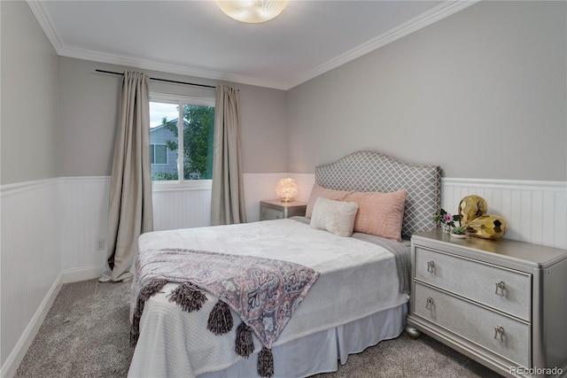 carpeted bedroom with ornamental molding