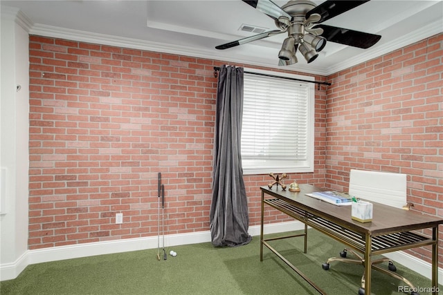 unfurnished office with brick wall, carpet, and ornamental molding