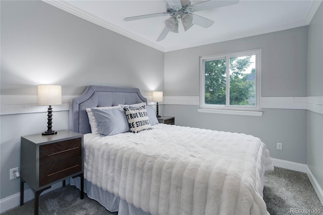 bedroom featuring dark colored carpet, ornamental molding, and ceiling fan