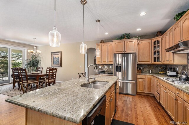 11422 W Cooper Ave, Littleton, CO 80127 - kitchen featuring appliances with stainless steel finishes, a sink, light wood finished floors, decorative backsplash, and glass insert cabinets