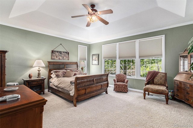 11422 W Cooper Ave, Littleton, CO 80127 - bedroom with carpet, a raised ceiling, crown molding, and a ceiling fan
