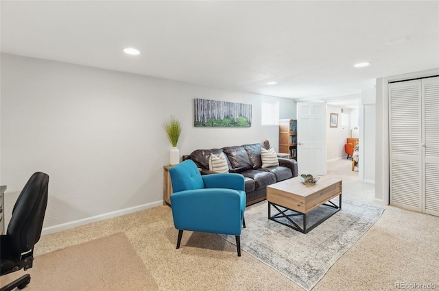 living room featuring recessed lighting, carpet flooring, and baseboards