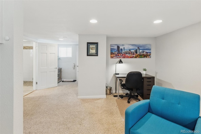 carpeted office space featuring baseboards and recessed lighting
