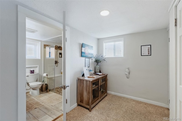 full bath featuring toilet, a shower stall, baseboards, and a textured ceiling