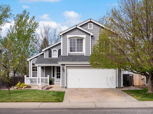 traditional-style house featuring a porch, driveway, a shingled roof, and a garage