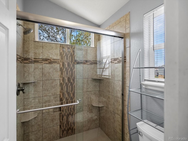 bathroom with toilet, plenty of natural light, a stall shower, and lofted ceiling