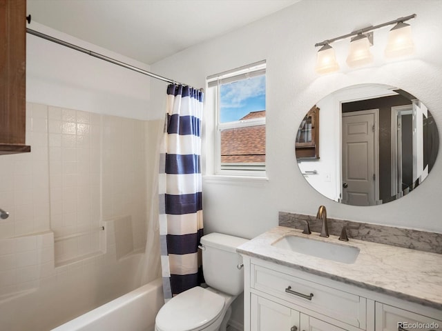 bathroom with toilet, vanity, and shower / bathtub combination with curtain