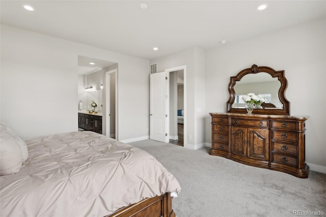 bedroom with recessed lighting, baseboards, visible vents, and carpet