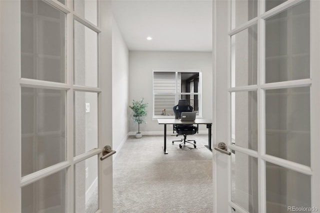 carpeted home office featuring baseboards, french doors, and recessed lighting