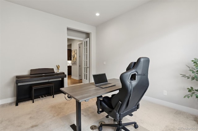 office with baseboards, light carpet, and recessed lighting