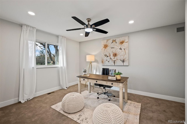 office featuring ceiling fan and carpet floors