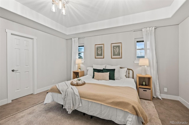 carpeted bedroom with a raised ceiling and multiple windows