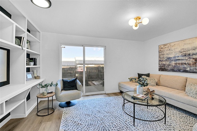 living room with light hardwood / wood-style floors and a textured ceiling