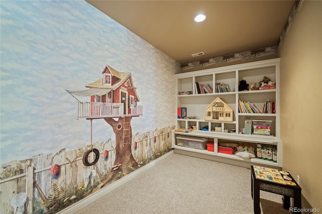 12477 Creekhurst Dr, Colorado Springs, CO 80921 - rec room featuring carpet flooring, wallpapered walls, and baseboards