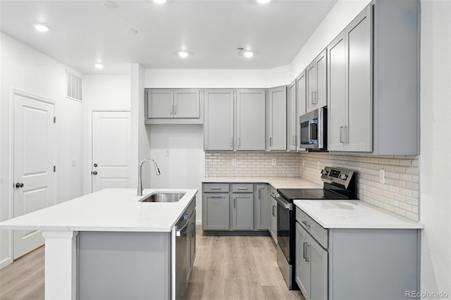 17115 W 91st Ln, Arvada, CO 80007 - kitchen featuring stainless steel appliances, gray cabinetry, a sink, light wood-type flooring, and decorative backsplash