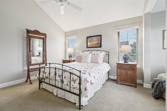 3240 Spruce St, Denver, CO 80238 - bedroom with light colored carpet, multiple windows, vaulted ceiling, and a ceiling fan