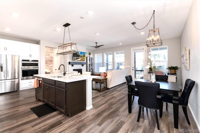 kitchen featuring appliances with stainless steel finishes, white cabinetry, sink, dark hardwood / wood-style floors, and dark brown cabinets