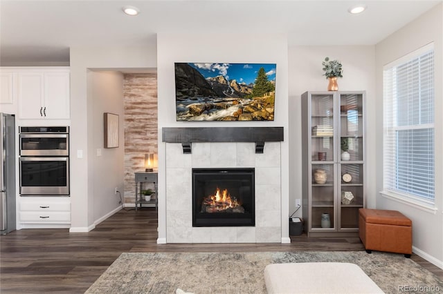 living room with dark hardwood / wood-style flooring and a tile fireplace