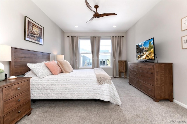 carpeted bedroom featuring ceiling fan and access to exterior