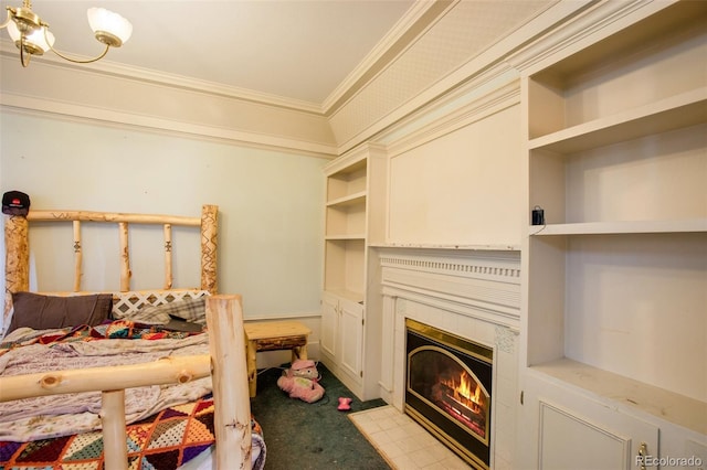 bedroom featuring a tiled fireplace, crown molding, and light carpet