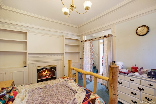 carpeted bedroom with an inviting chandelier and ornamental molding