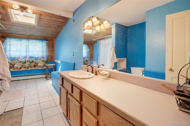 bathroom with a skylight, tile patterned floors, wood ceiling, a baseboard heating unit, and toilet