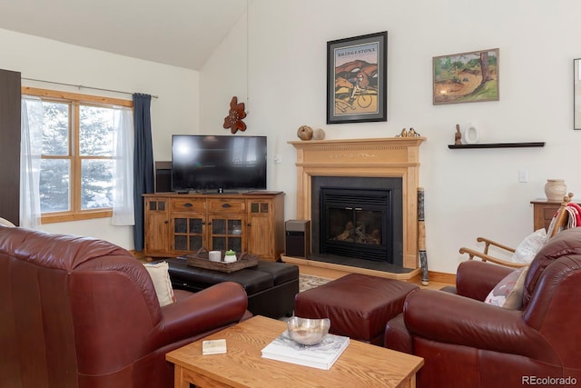 living room with hardwood / wood-style floors and vaulted ceiling