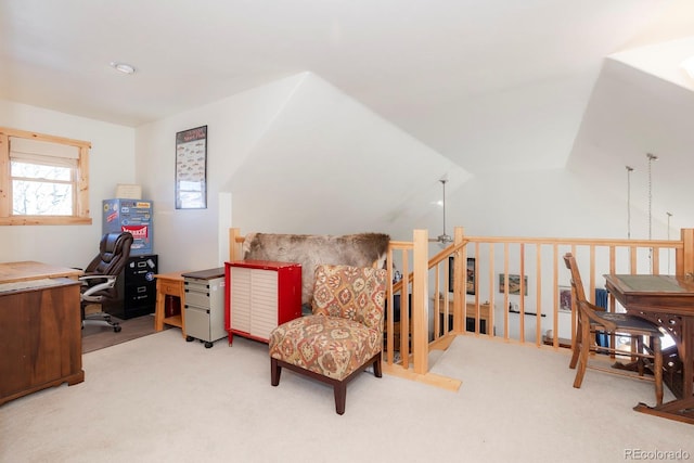 home office with carpet and lofted ceiling