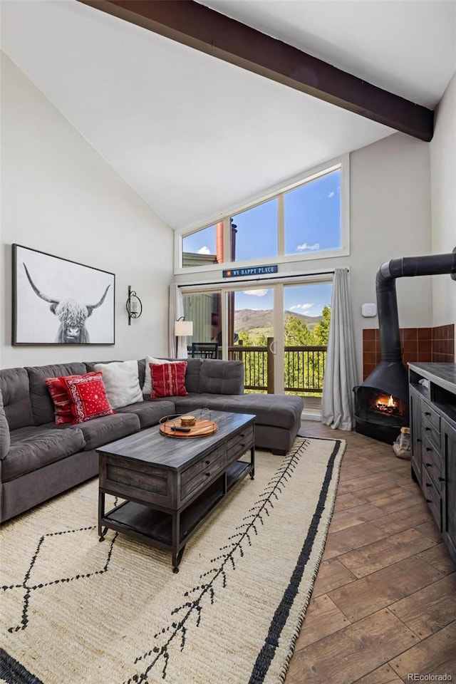 2449 Ryan Gulch Ct Unit 2449, Silverthorne, CO 80498 - living room featuring wood-type flooring, beamed ceiling, high vaulted ceiling, and a wood stove