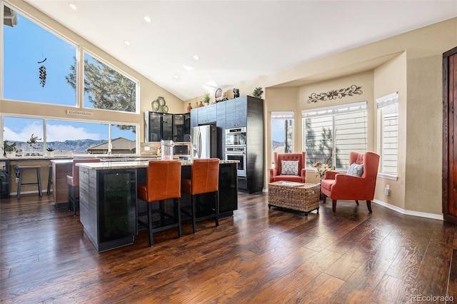 kitchen featuring high vaulted ceiling, dark wood-style flooring, a kitchen island, a kitchen breakfast bar, and appliances with stainless steel finishes