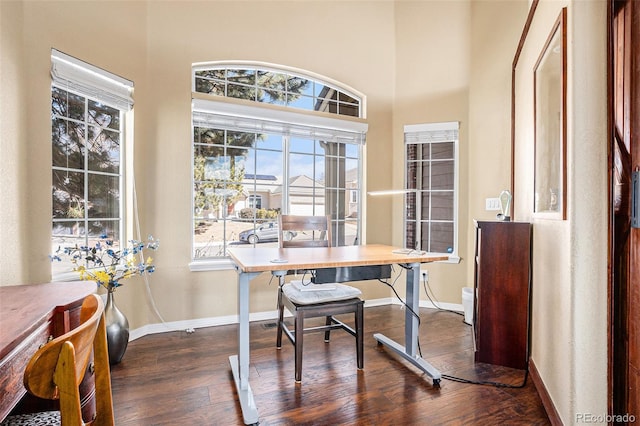 home office with baseboards and dark wood-type flooring