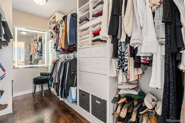 walk in closet with wood finished floors