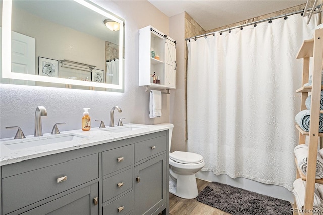 full bathroom featuring double vanity, wood finished floors, a sink, and toilet