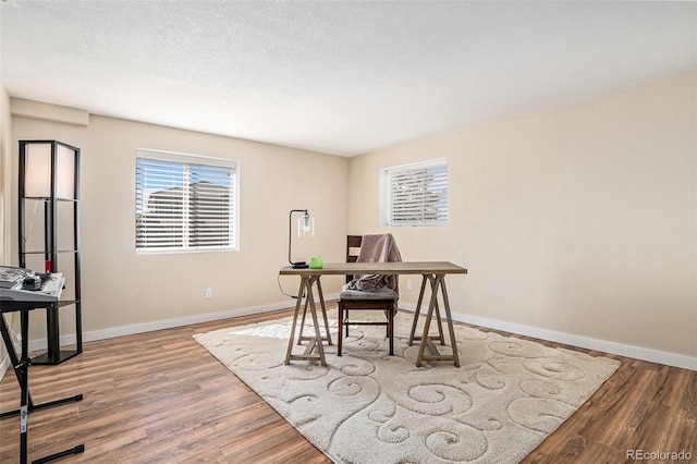 office space featuring a textured ceiling, baseboards, and wood finished floors