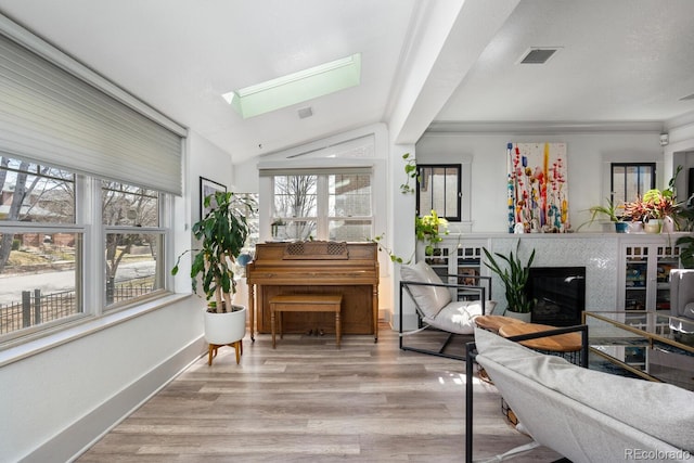 561 Cook St, Denver, CO 80206 - living area with healthy amount of natural light, a skylight, a fireplace, wood finished floors, and vaulted ceiling