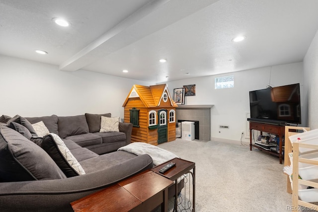 561 Cook St, Denver, CO 80206 - living room featuring light colored carpet, recessed lighting, and baseboards