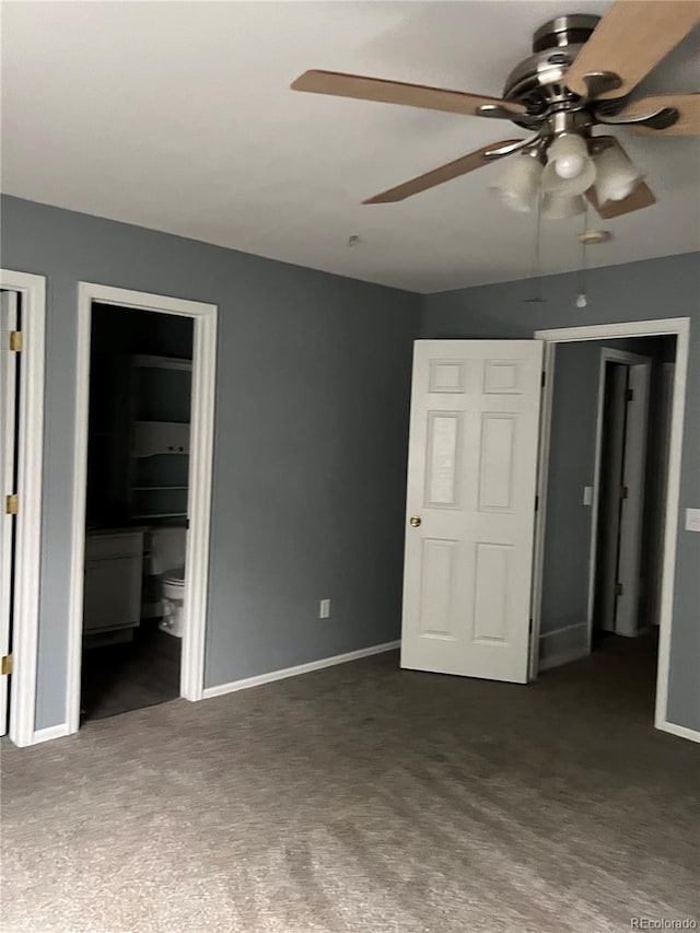 unfurnished bedroom with ceiling fan and ensuite bath