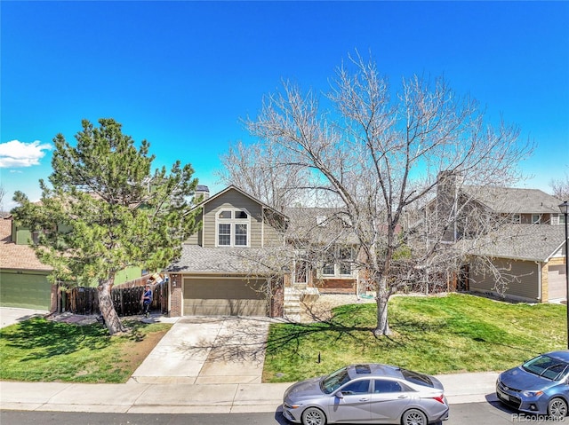 obstructed view of property featuring brick siding, a garage, a front yard, and concrete driveway