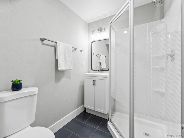 3630 Magnolia St, Denver, CO 80207 - full bathroom featuring tile patterned flooring, baseboards, toilet, a shower stall, and vanity