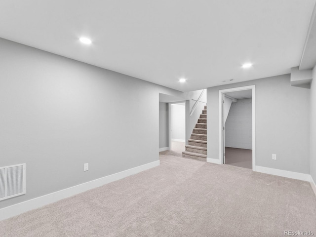 3630 Magnolia St, Denver, CO 80207 - finished below grade area featuring recessed lighting, stairway, carpet flooring, and baseboards
